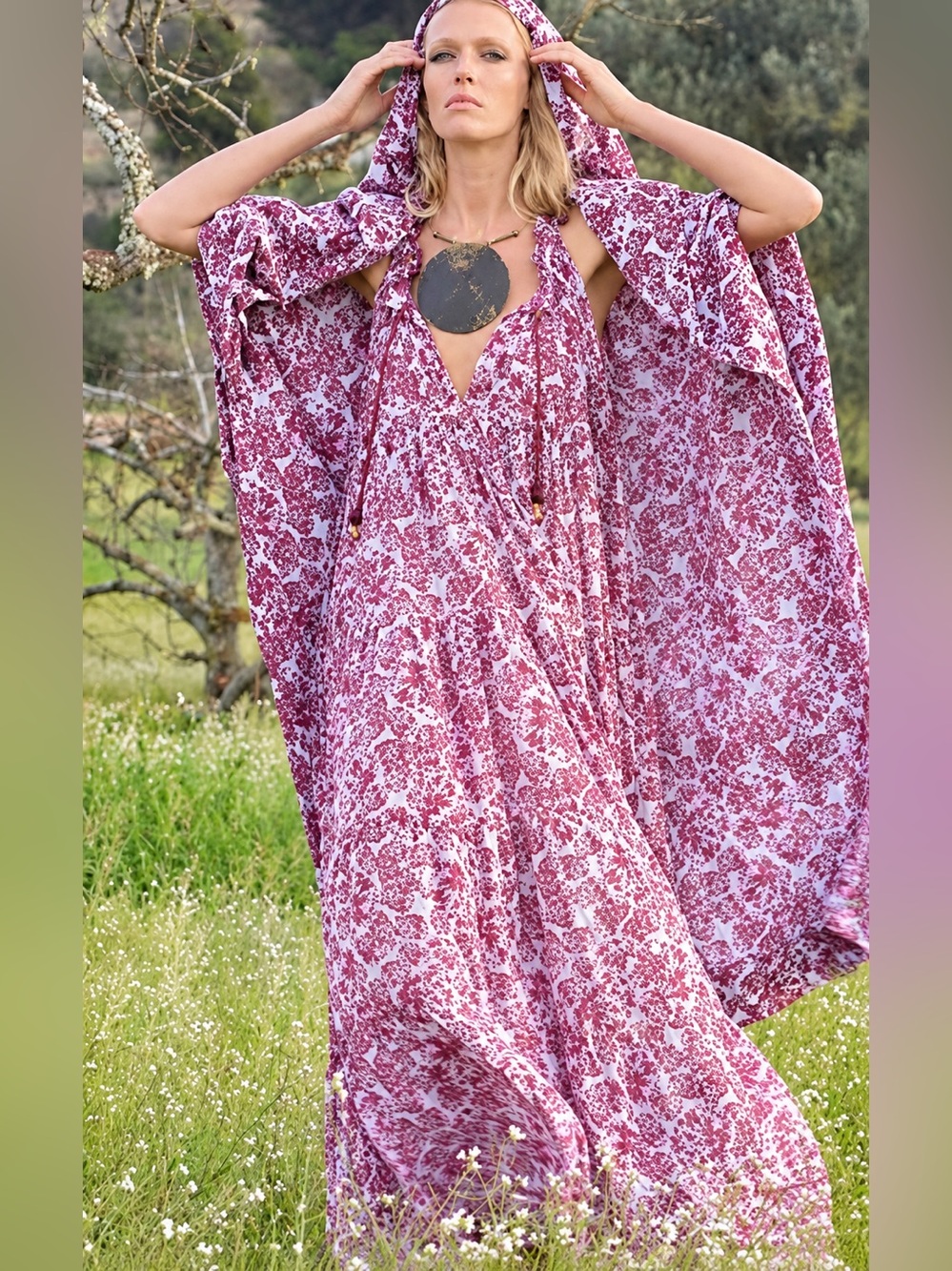 Yvonne S. SS19 Handmade Maxi Hippy Dress Burgundy Floral Size L